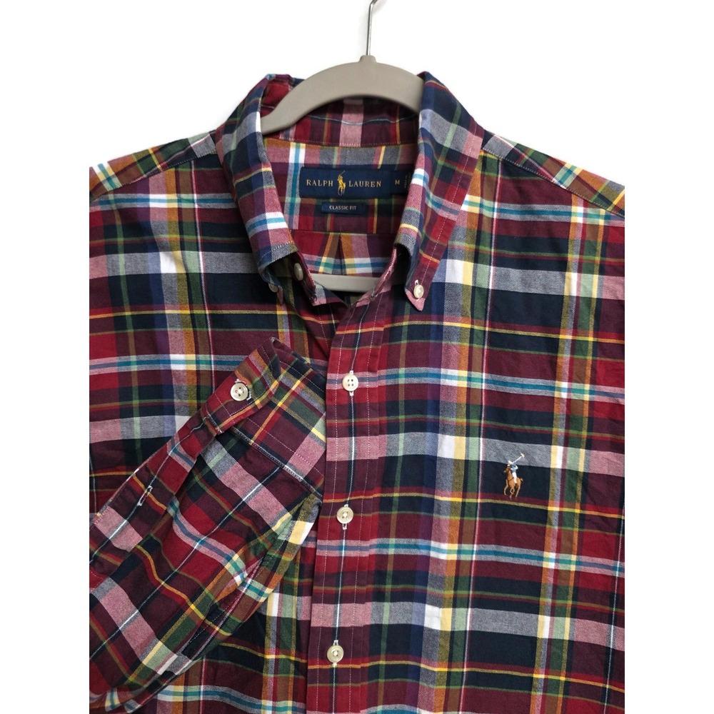 Ralph Lauren Mens Classic Fit Plaid Button Down Shirt Red Blue Flesh Brown Pony